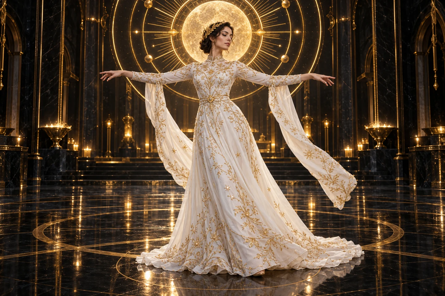 Dansatoare adultă în rochie couture perlată, cu ambele brațe întinse și mâinile vizibile