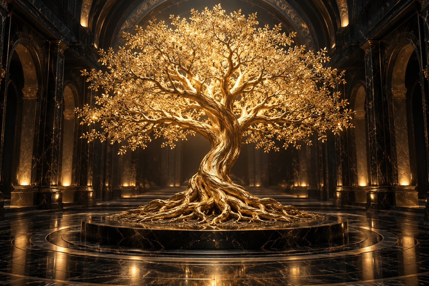 Arbore sculptural din aur, cu rădăcini și ramuri luminoase