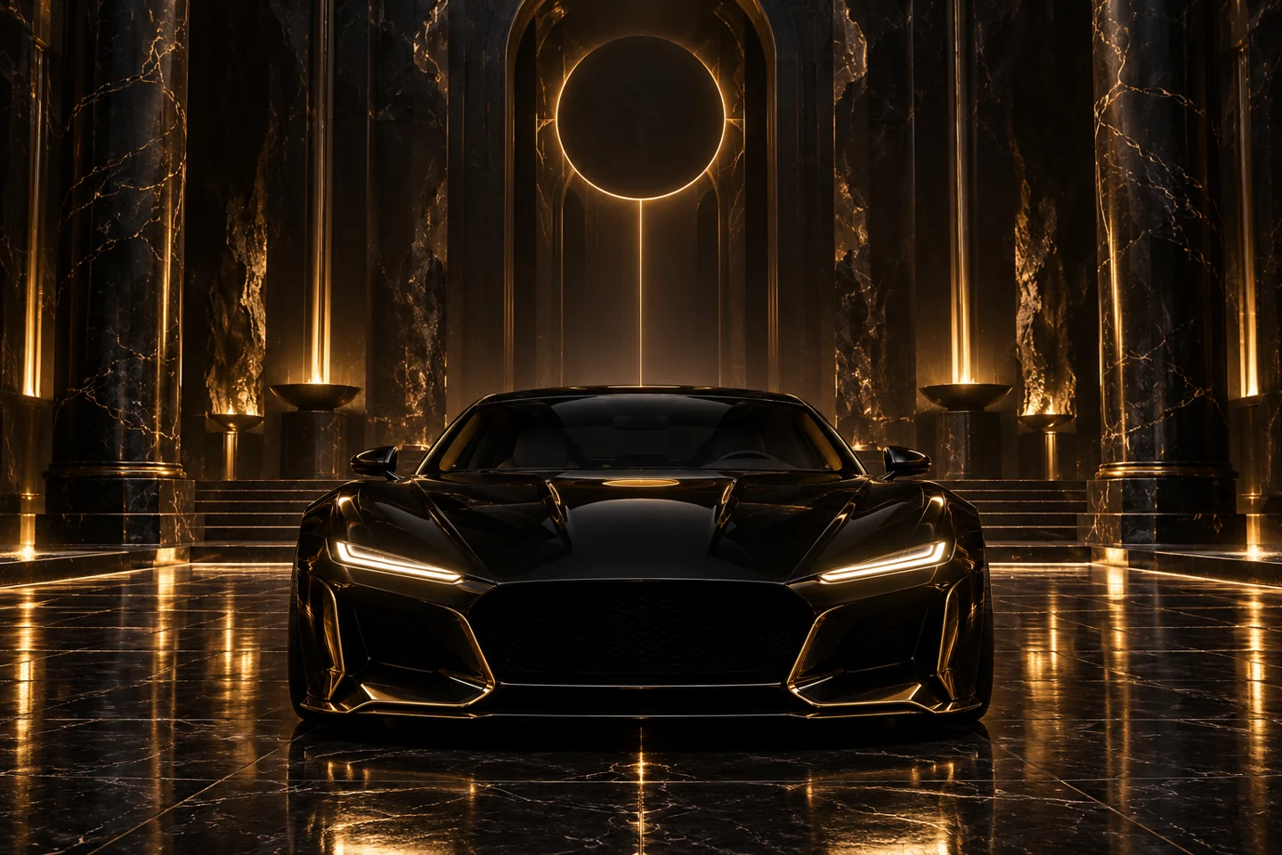 Automobil de lux în templu, cu faruri animate